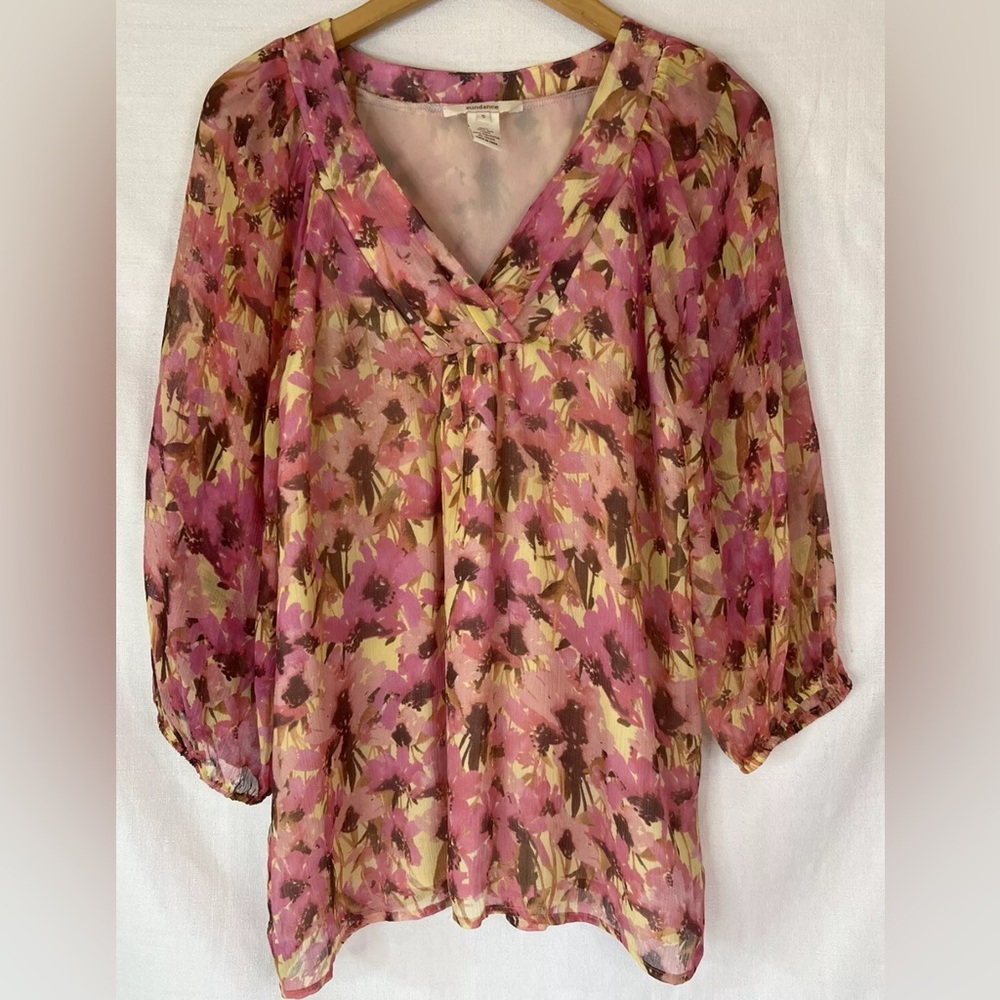 Womens Sundance Size S Pink/ Yellow Print Long Sleeve Flowy V-Neck Boho Top